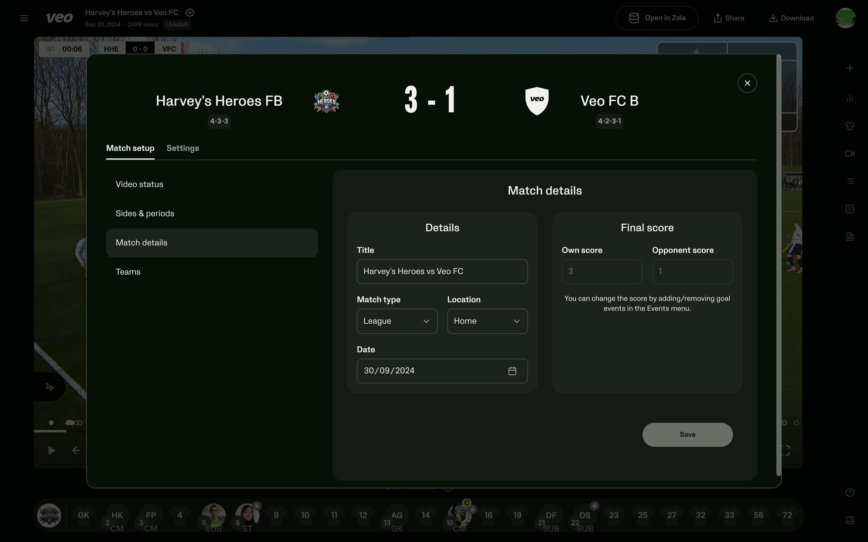 modal with the option to change the title, match type, location, date and match score