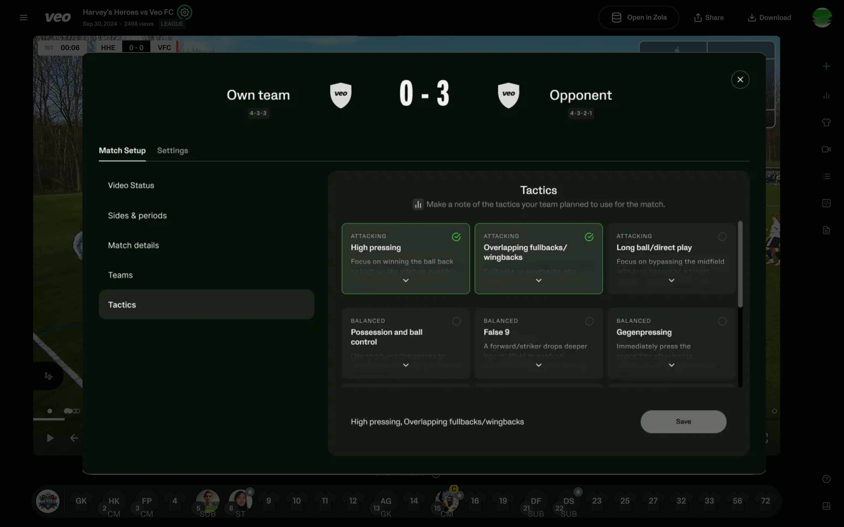 Fenêtre pour sélectionner les tactiques utilisées dans le match