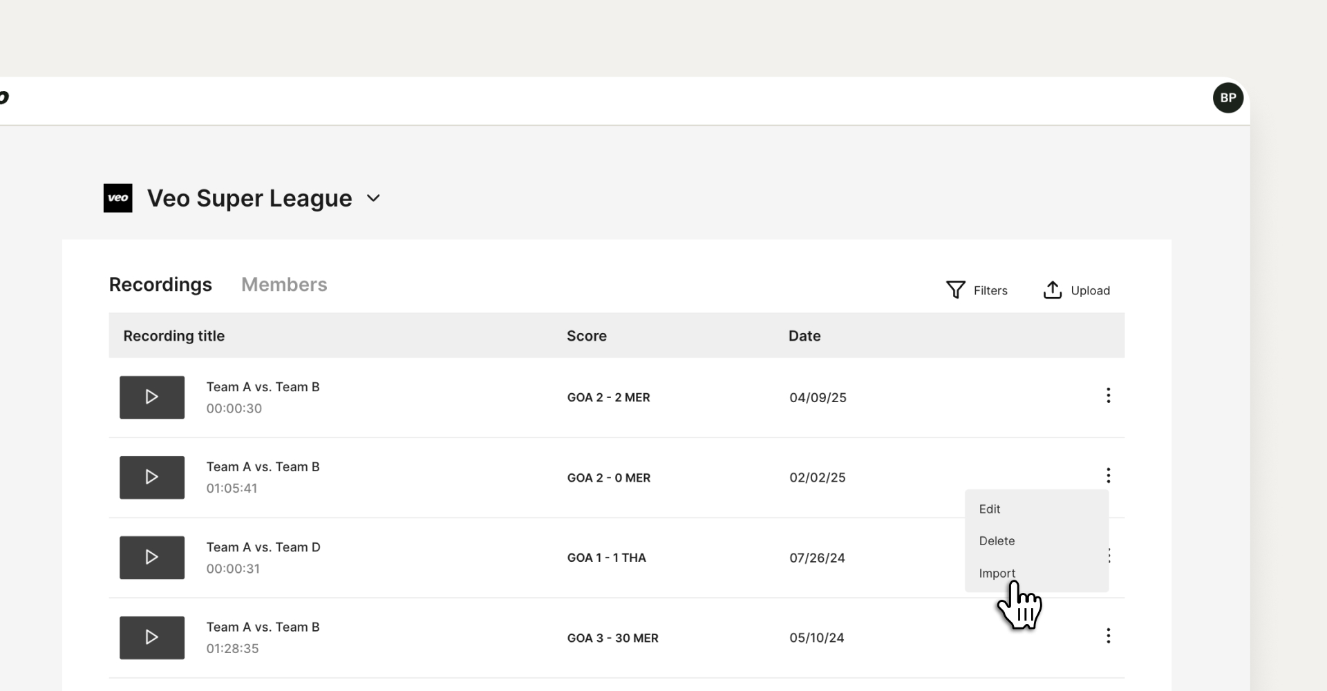 Vista de importación de partidos en League Exchange