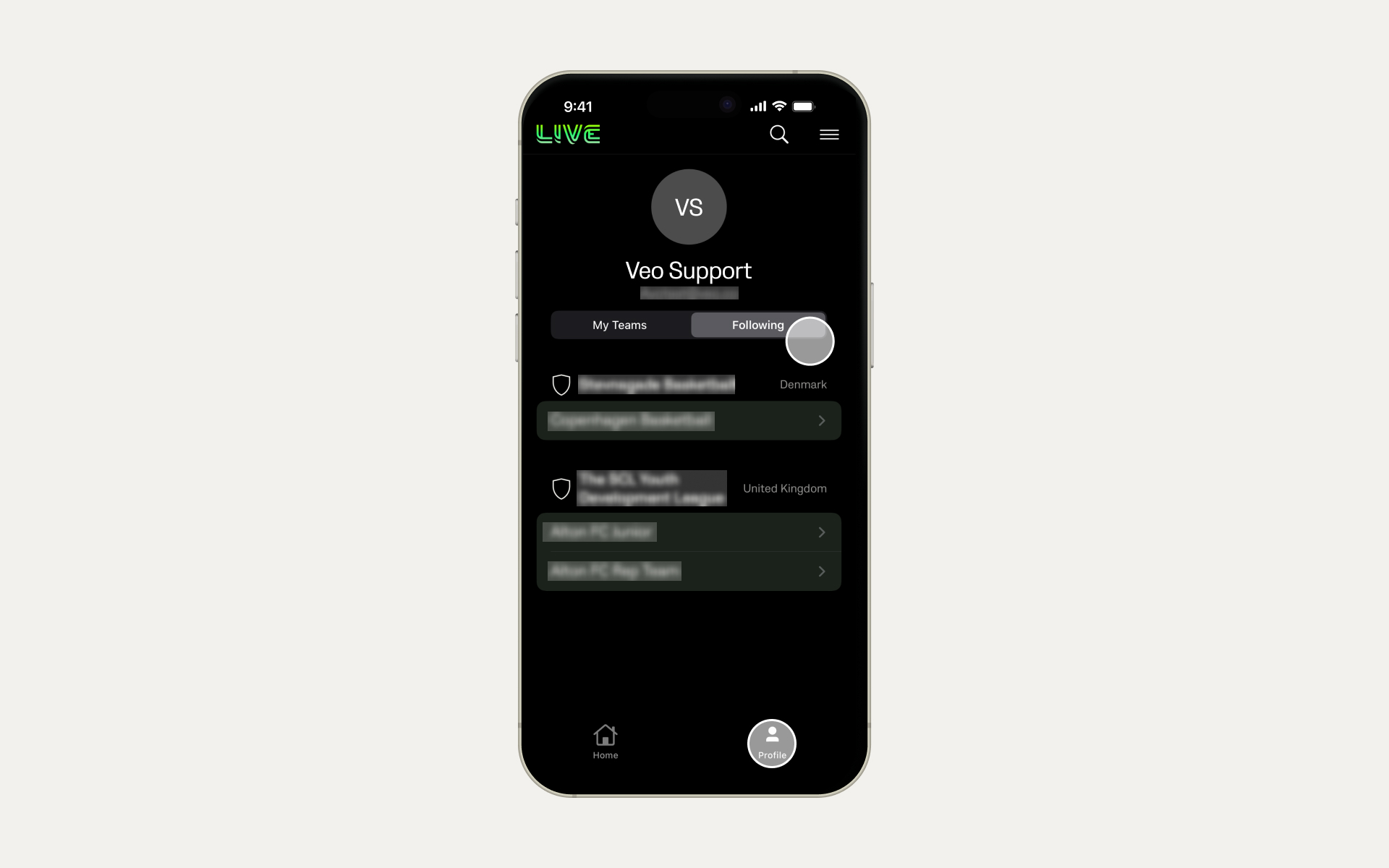Search and find more clubs to follow on the Veo Live app