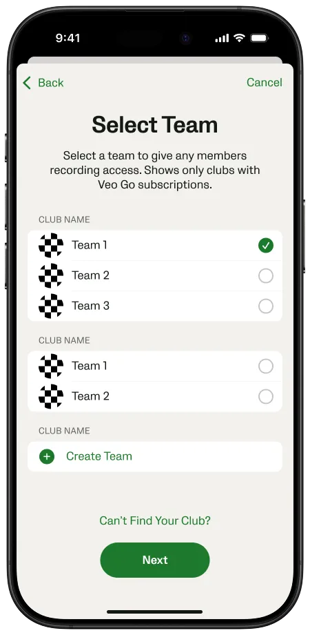 Sélectionner une équipe pour attribuer l’enregistrement Veo Go