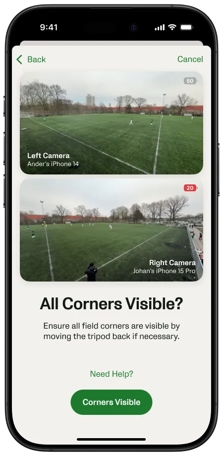 Toutes les zones du terrain doivent être visibles avec Veo Go