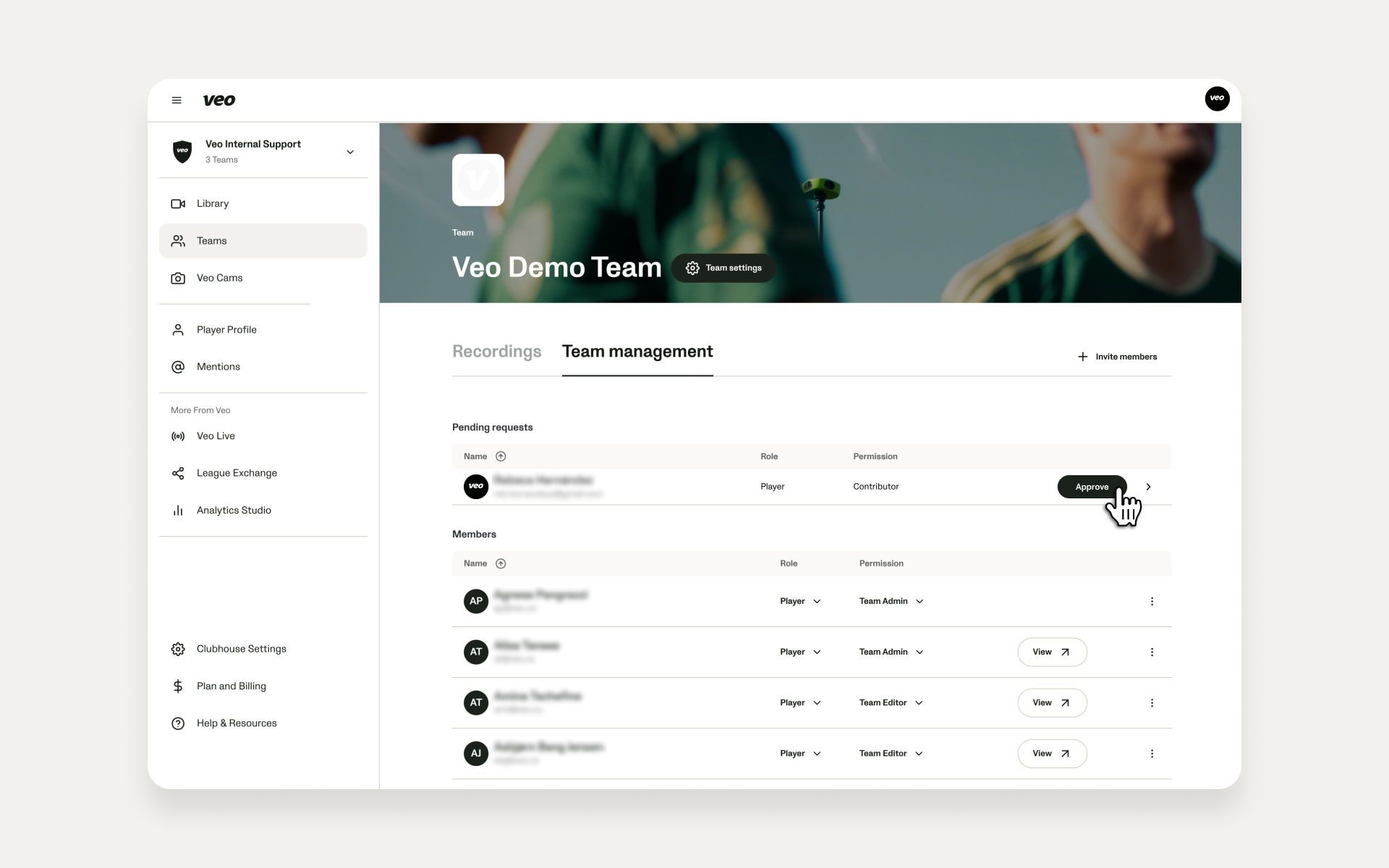 Example of approving or declining requests from the Team Members page