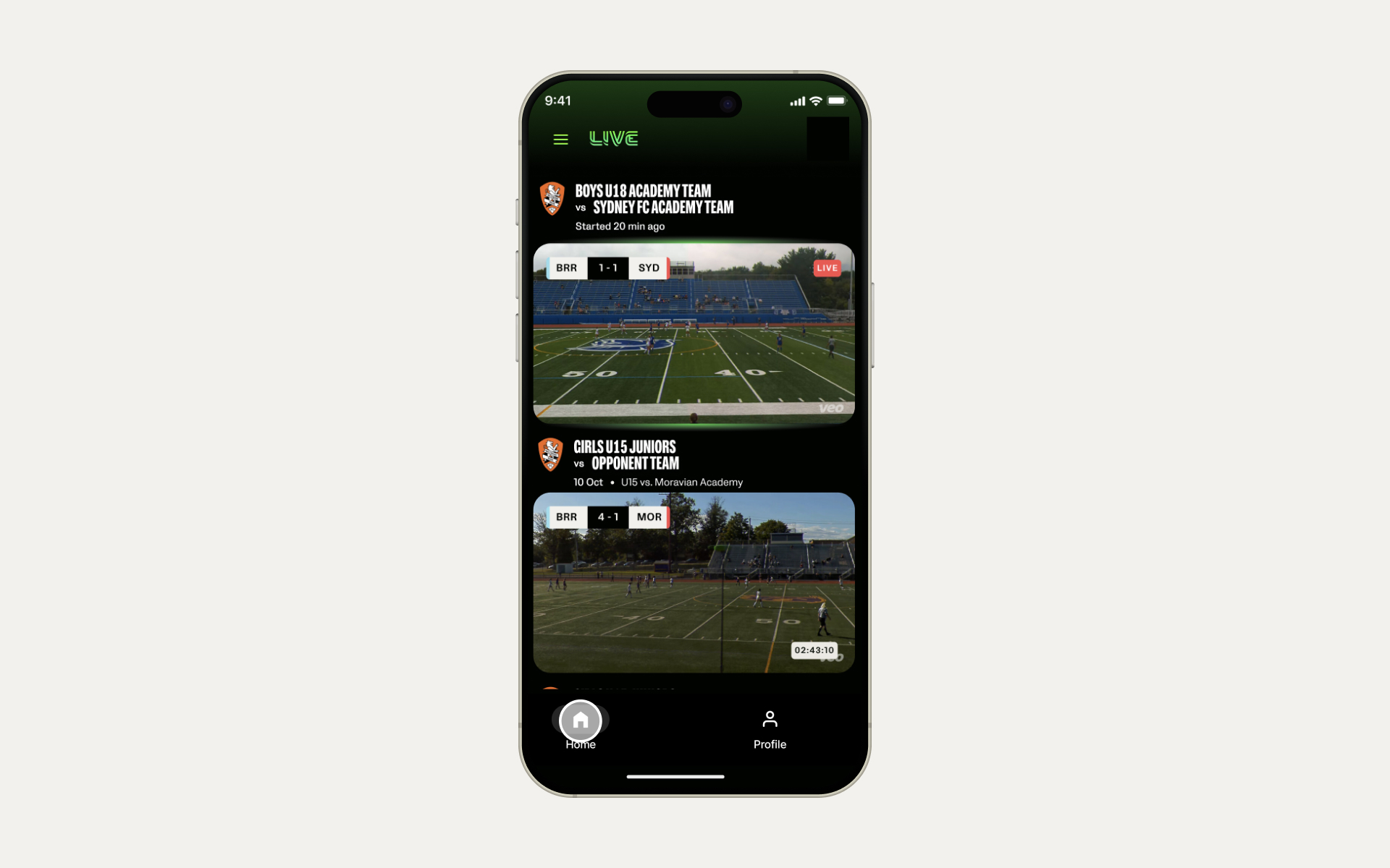 Home section of the Veo Live app